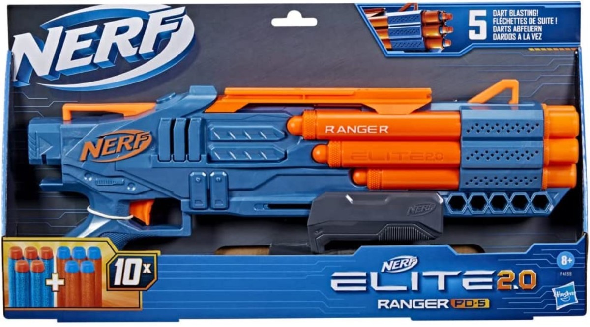 Nerf Elite 2.0 Ranger PD-5 Blaster, 5- Barrel Blasting, 10 Nerf Elite  Darts, Easy to Use, Dart Storage, Pump Action 