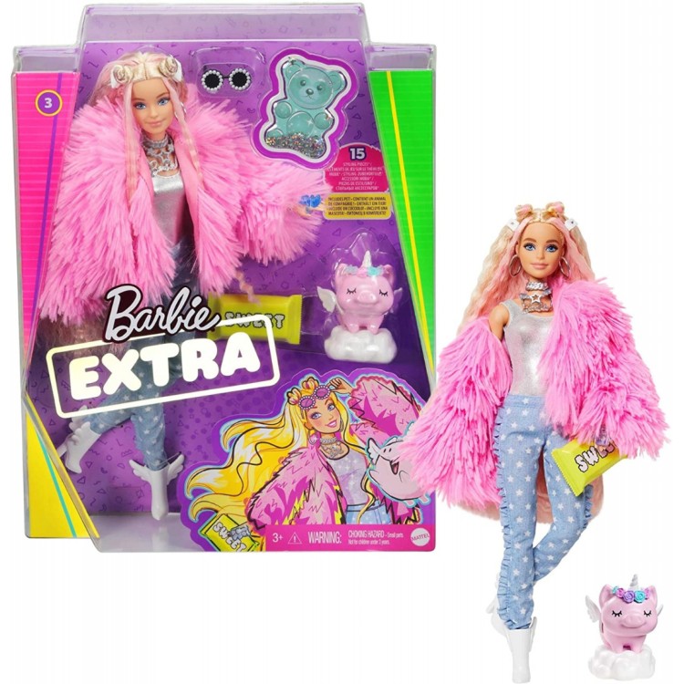Mattel Barbie Extra Doll Fluffy Pink Jacket with Unicorn Pig