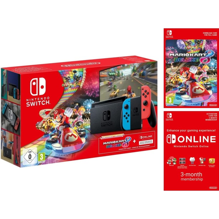 Nintendo Switch Neon 1.1 Console with Mario Kart 8 Deluxe and 3 Month Nintendo Switch Online
