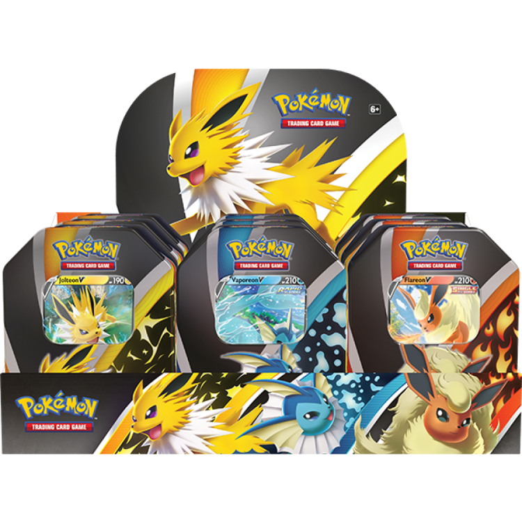 Pokemon Eevee Evolutions Tin (Fall 2021) - 6 tins (2 x Flareon V, 2 x Jolteon V and 2 x Vaporeon V)